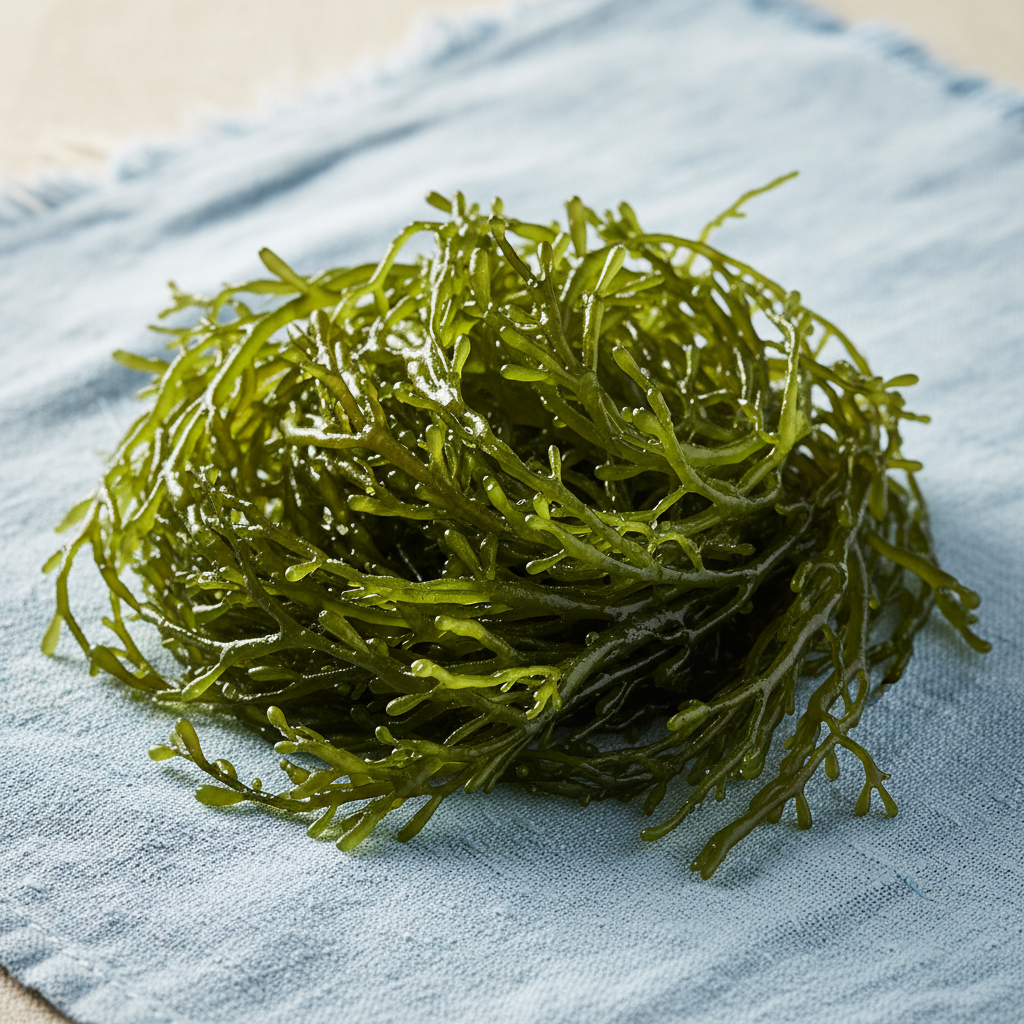 A close-up lifestyle photograph of freshly harvested Seaweed Fulvescens on a textured, light blue background, showcasing its unique texture and vibrant green color, natural lighting, no text