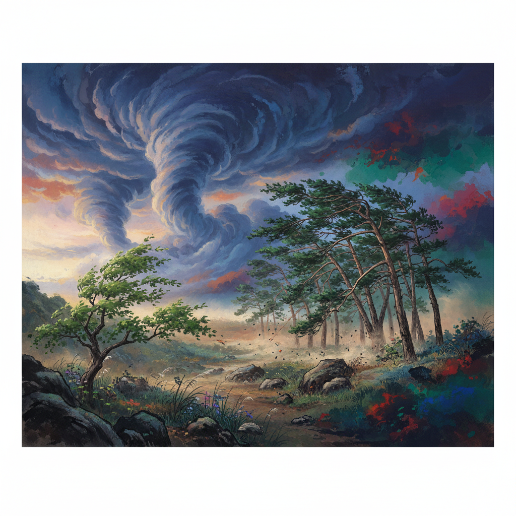 A dynamic scene depicting various types of wind: a gentle breeze rustling leaves, strong winds bending trees, and distant swirling clouds, all with a colored, textured background. Korean natural setting, no text.