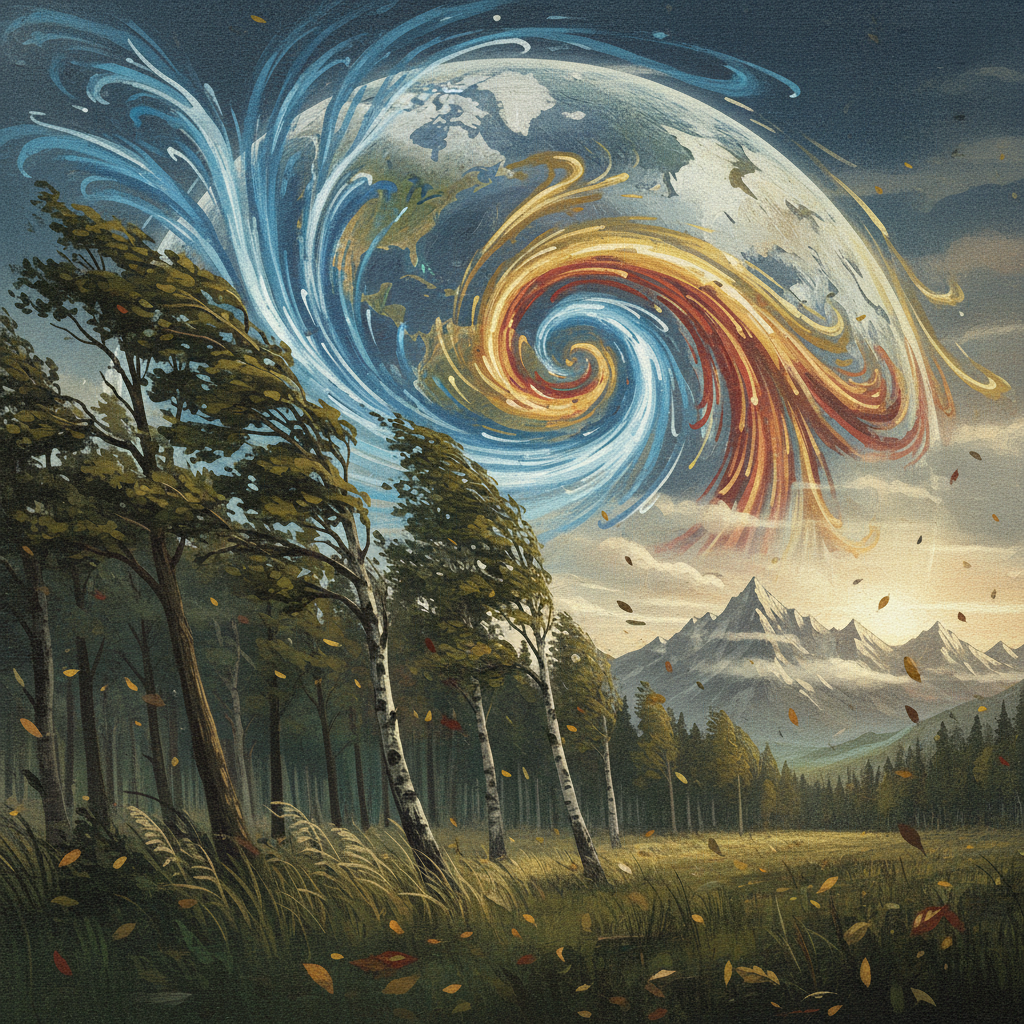 A visually rich, artistic rendering depicting wind currents influencing global climate patterns, perhaps showing cold air moving towards the equator or trees swaying in a strong wind in a natural landscape. Textured background, no text.