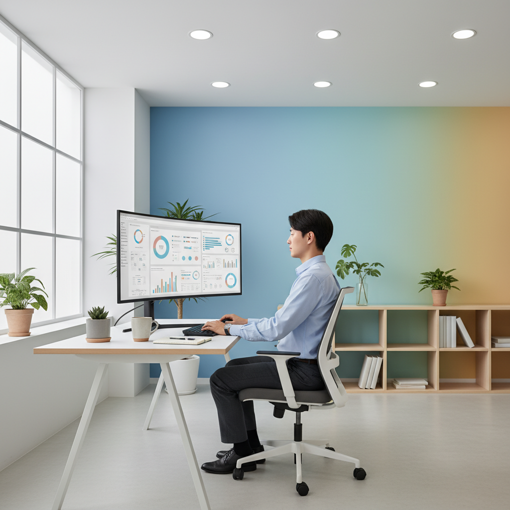 A Korean person sitting at a desk with excellent posture, working on a computer, bright and clean office environment, modern layout, balanced lighting, colored background, no text