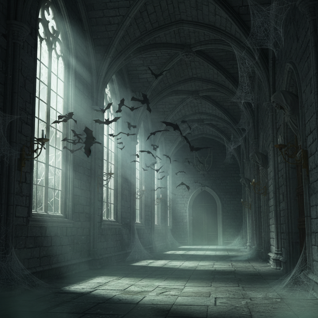 A dark, gothic castle corridor with bats flying, eerie atmosphere, moonlight filtering through windows, detailed stone architecture, no text