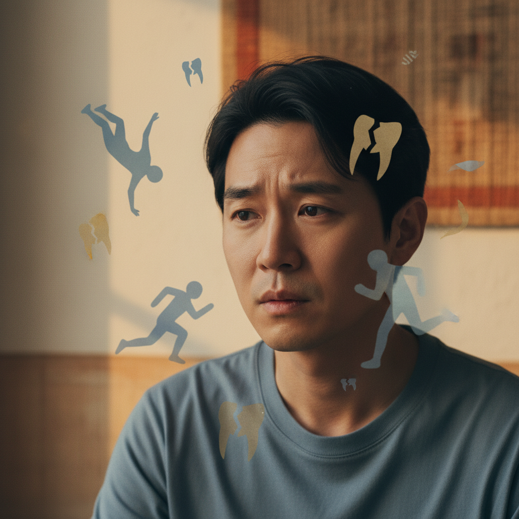 lifestyle photography, warm lighting, natural expression, a Korean person looking contemplative and slightly anxious, surrounded by subtle, semi-transparent overlay symbols of common recurring dreams like falling, being chased, or losing teeth, textured background, no text