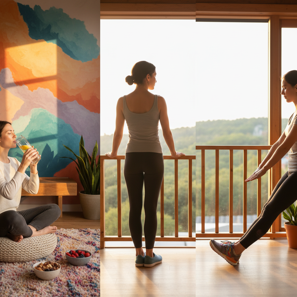 Vivid lifestyle scene, showing various healthy habits for foot care like drinking water, wearing comfortable shoes, and maintaining good posture, warm lighting, colored background, no text.