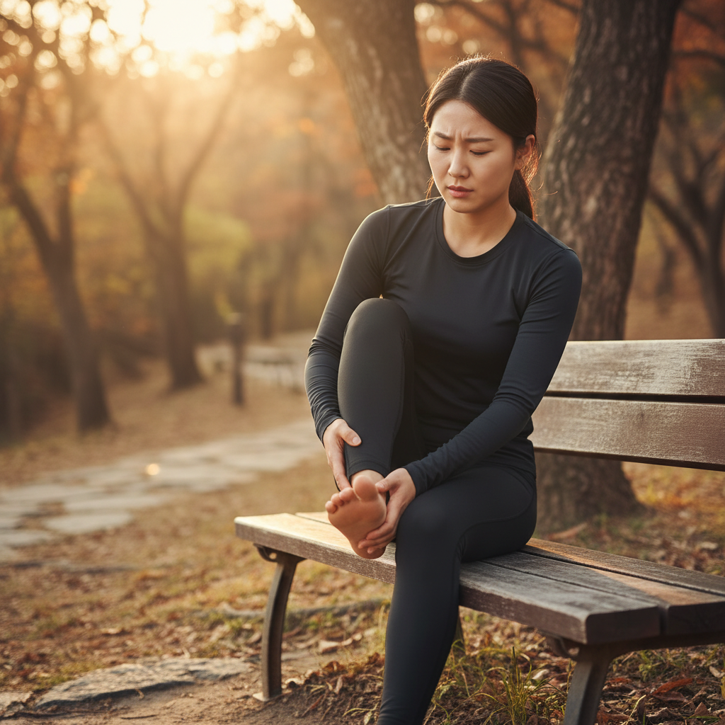A Korean person gently touching their Achilles tendon with a pained expression, sitting on a bench, in a natural outdoor setting with warm lighting and a textured background, lifestyle photography, centered focus, no text