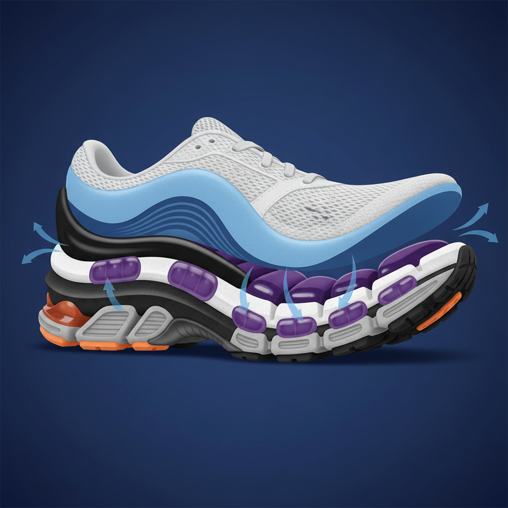 Clean infographic showing the cross-section of a running shoe with good arch support, emphasizing shock absorption features. Modern layout, high contrast, colored background, no visible text in image.