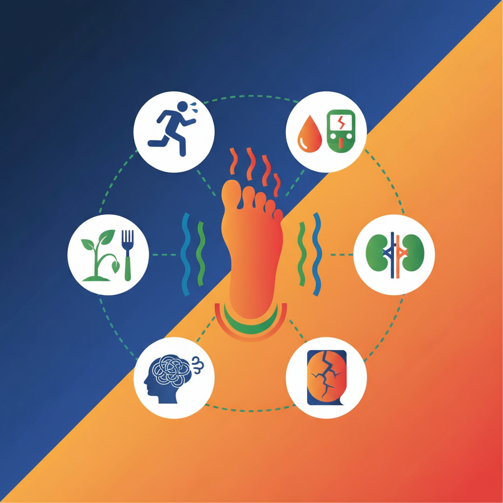 Clean infographic, modern layout, high contrast, illustrating various causes of foot heat, such as overexertion, nutritional deficiencies, stress, diabetes, kidney disease, no text, colored background.