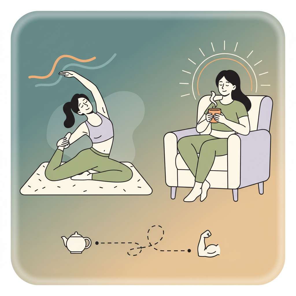 clean infographic, modern layout, high contrast, a woman enjoying light exercise like stretching and drinking warm tea in a cozy home environment, soft lighting, colored background, no visible text