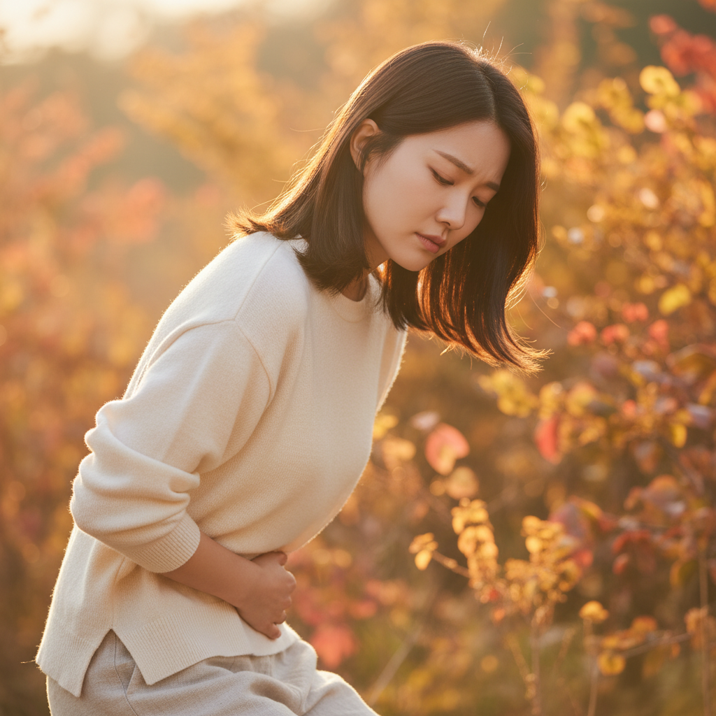 lifestyle photography, a young Korean woman experiencing mild discomfort (like holding her stomach or looking tired) in a natural setting, warm lighting, colored background, natural expression, no text
