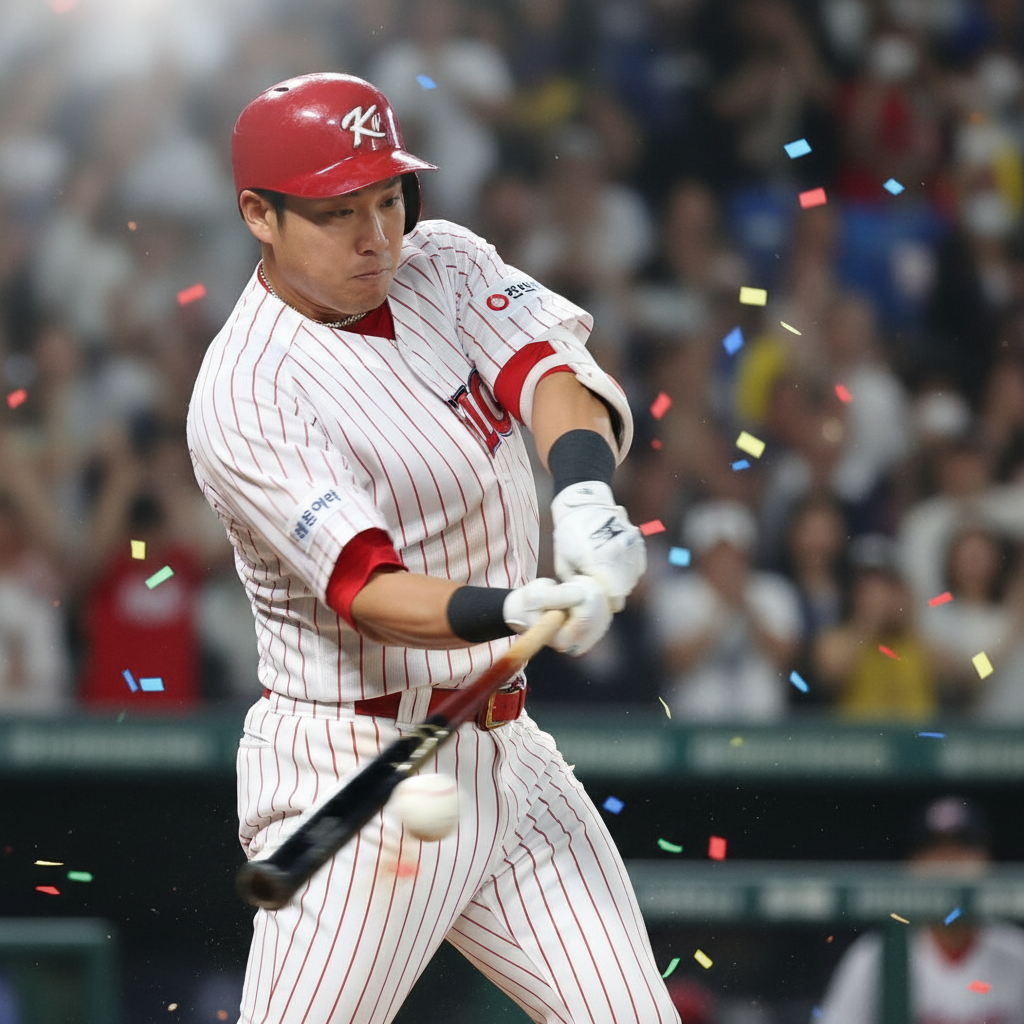 A dynamic, close-up shot of a baseball player, Korean appearance, swinging a bat powerfully at a stadium, bright stadium lighting, a blurred but colorful background of a cheering crowd, action photography style, no text