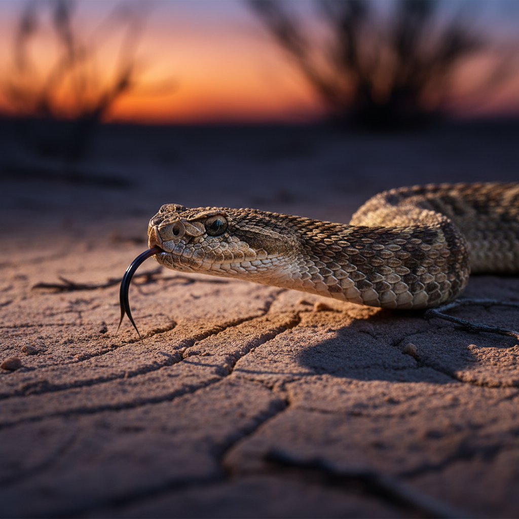 A realistic depiction of a snake using its tongue to track faint scent trails on the ground, searching for prey in a natural setting, high contrast, colored background, no text.