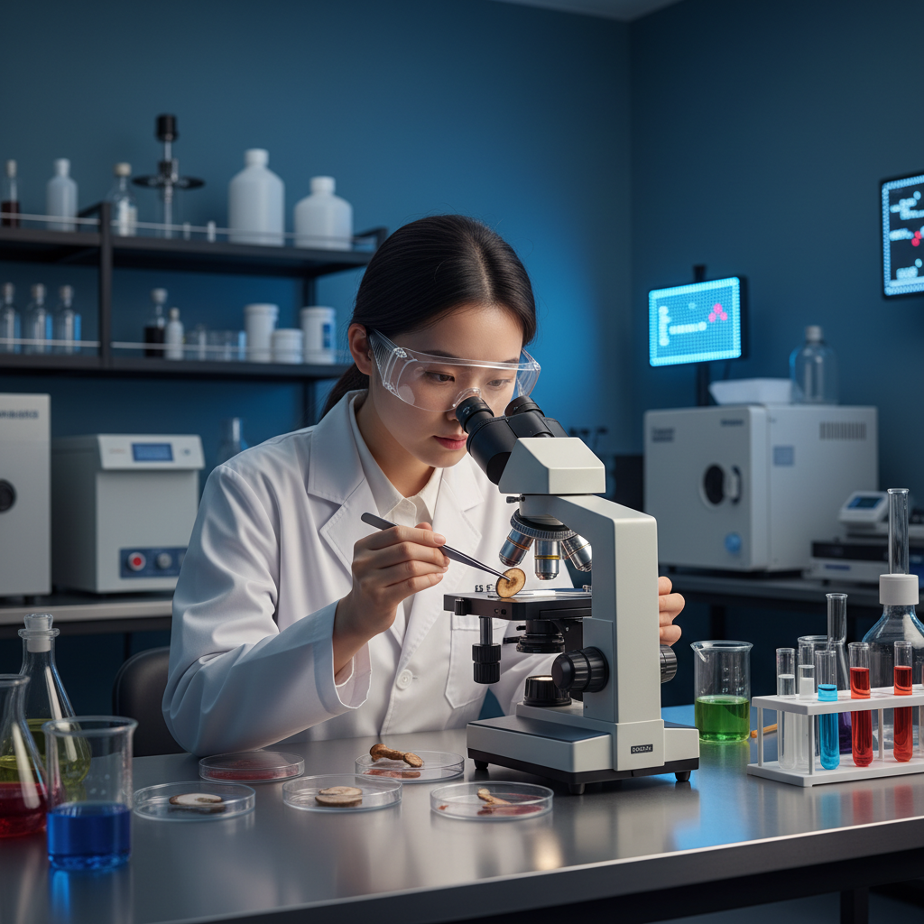 A scientist in a modern laboratory setting, carefully examining mushroom samples under a microscope. Gentle, focused lighting. Background shows lab equipment and a blurred array of fungi samples. Clean, scientific aesthetic with a colored background. No visible text. Korean appearance.