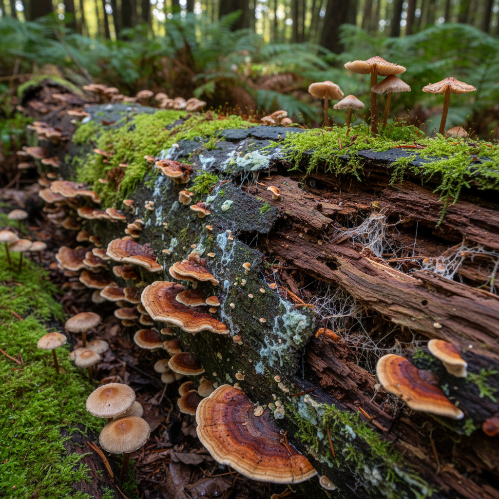 Close-up realistic photography of various fungi (mushrooms and molds) actively decomposing a fallen log in a forest. Detailed textures of wood and mycelium, surrounded by lush green moss. Natural forest lighting, textured earthy background. No visible text.