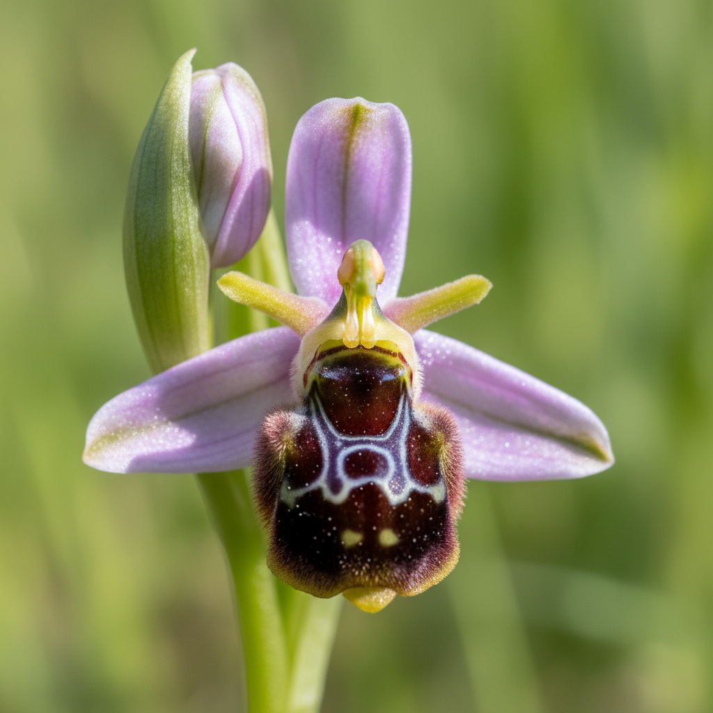 A realistic close-up shot of an Ophrys apifera (bee orchid) flower that uncannily resembles a bee sitting on its petals. The background is a soft, natural green blur, highlighting the intricate details of the flower. Bright, balanced lighting, centered focus, natural setting, no text
