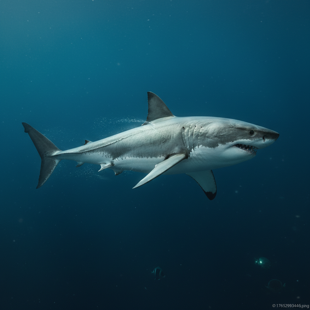A powerful shark swimming effortlessly in the deep ocean, showing its strong body and fins, dynamic motion, dark blue and green gradient background, no text