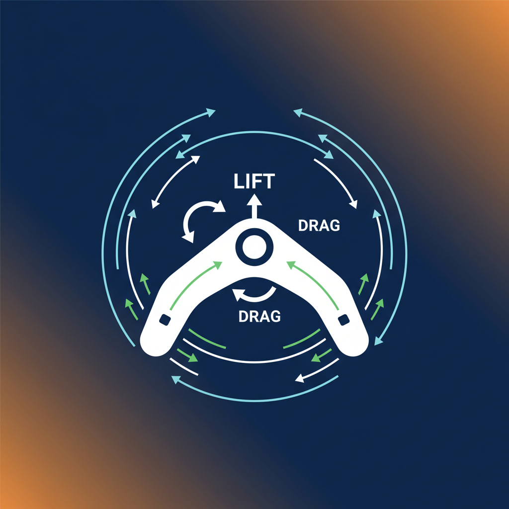 A clean infographic illustrating the aerodynamic principles of a boomerang, showing airflow and lift generation around the V-shaped wings, high contrast, modern layout, no text, colored background