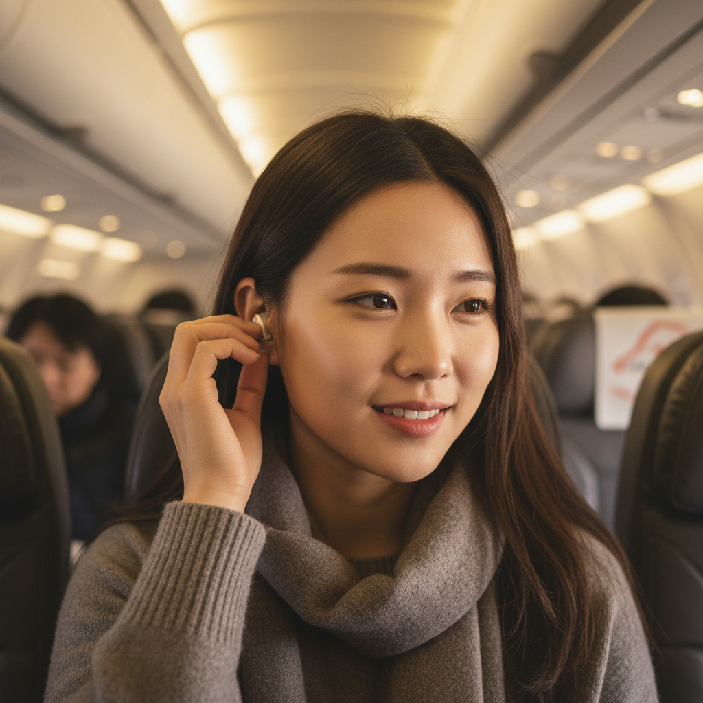 A realistic depiction of a Korean woman on an airplane, looking slightly uncomfortable and touching her ear, with a subtle look of relief as if finding a solution. Soft, warm cabin lighting, blurred airplane interior background, no text, lifestyle photography.