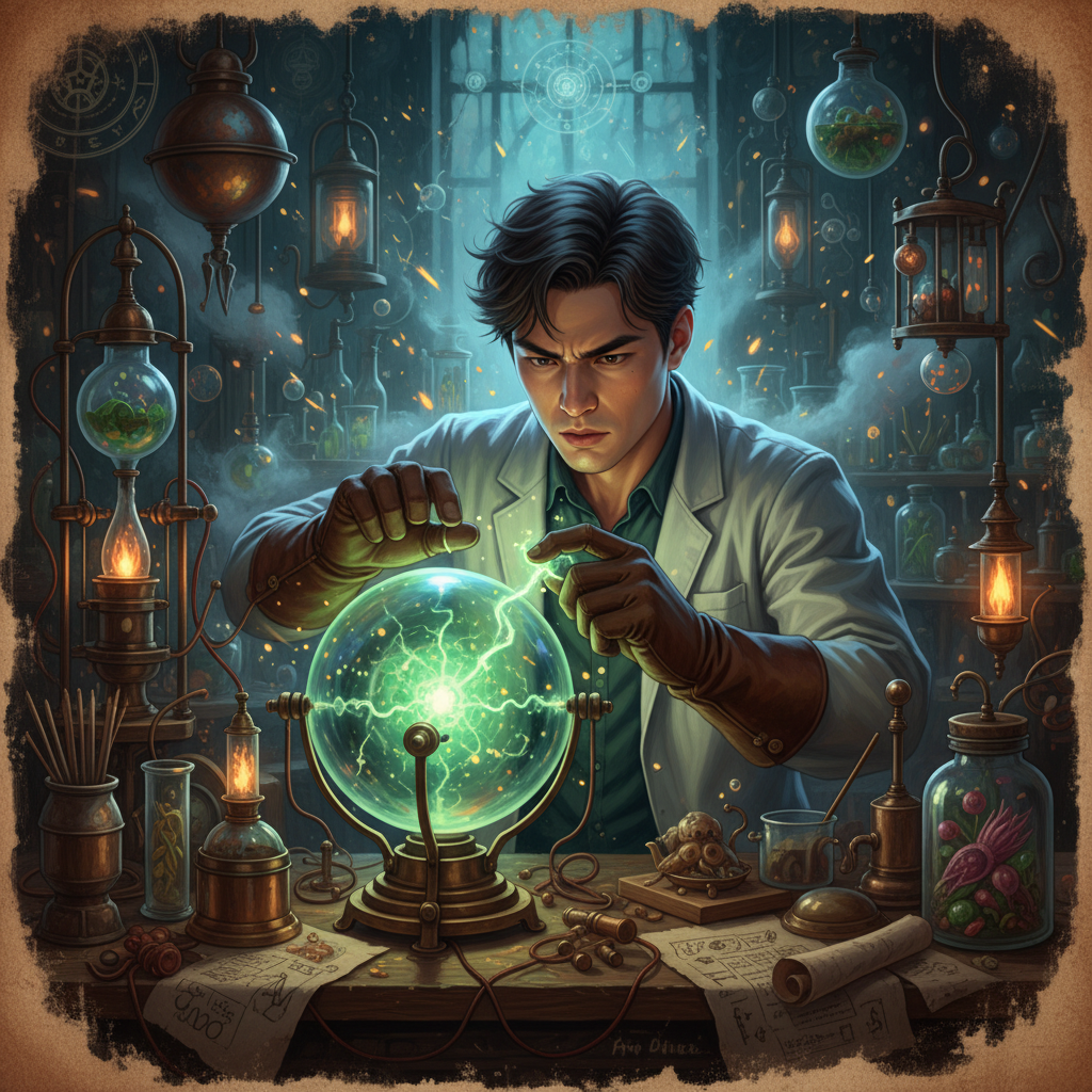 An atmospheric illustration of a young scientist (Korean appearance, intense expression) in a dimly lit, old-fashioned laboratory, surrounded by strange instruments, hinting at a moment of creation, illustration, textured background, no text