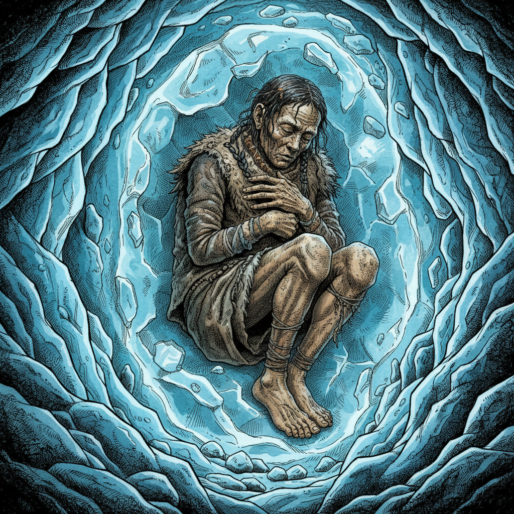 A well-preserved natural mummy discovered in an icy glacier, surrounded by ancient ice and rock, cold blue lighting, realistic illustration, no text.
