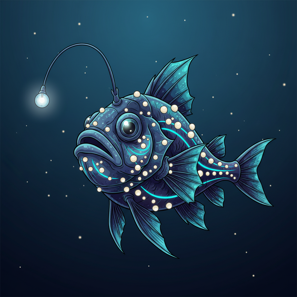 A close-up, highly detailed illustration of a deep-sea fish with prominent bioluminescent organs, showcasing its unique adaptations in a dark, mysterious deep-sea environment, clean infographic style, rich blue gradient background, no text