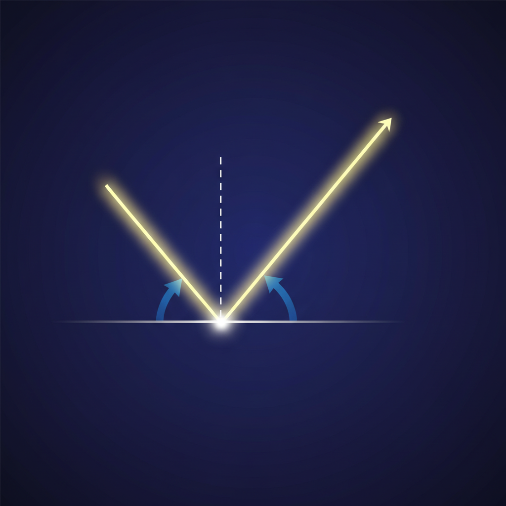 Clean infographic showing a light ray hitting a smooth surface and reflecting at an equal angle, illustrating the law of reflection, modern layout, high contrast, scientific theme, colored background, no text