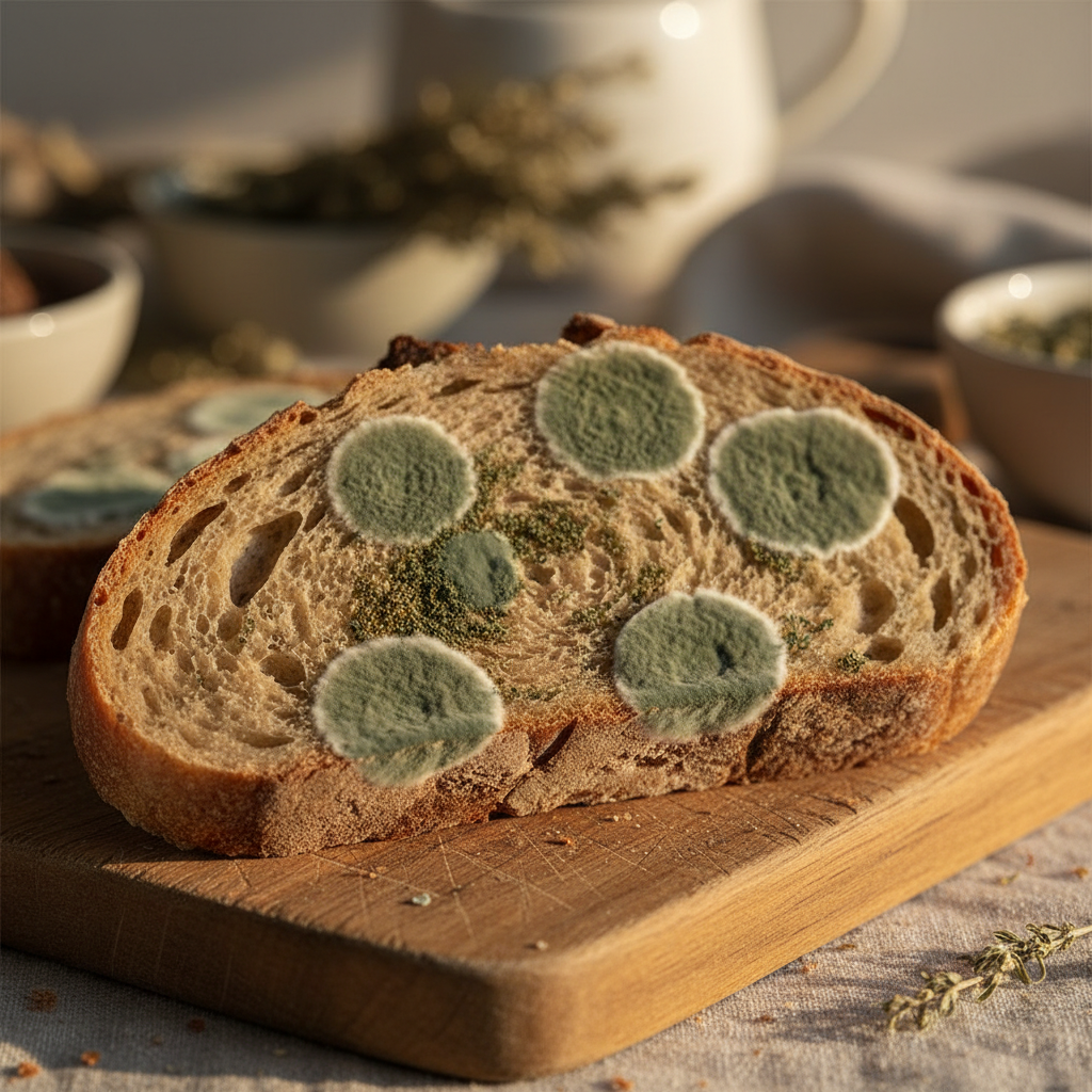 A close-up, clean photograph of green mold (Penicillium or Aspergillus type) growing on a piece of bread, showing distinct green patches. Lifestyle photography, warm lighting, natural setting, textured background, no text.