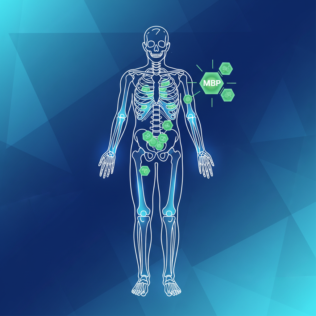 Clean infographic showing a stylized human bone structure with a small, glowing molecule labeled 'MBP' interacting with bone cells, clean lines, modern layout, high contrast, colored background, no text.