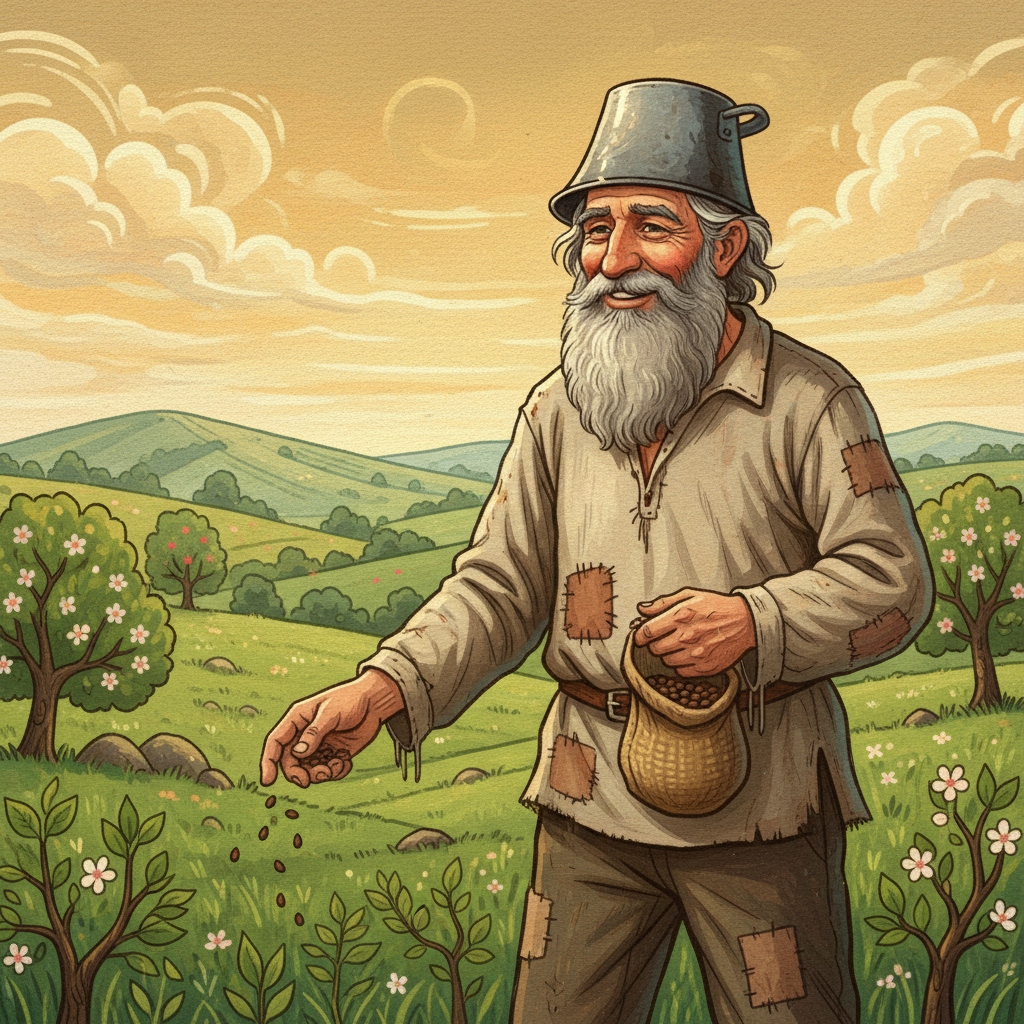 A vibrant illustration of Johnny Appleseed, a man with a kind face and a simple outfit, gently scattering apple seeds across a lush, green landscape, symbolizing the connection between nature and people. The background is a detailed, slightly textured field stretching to the horizon under a soft, warm sky. No visible text. Artistic rendering, textured background.
