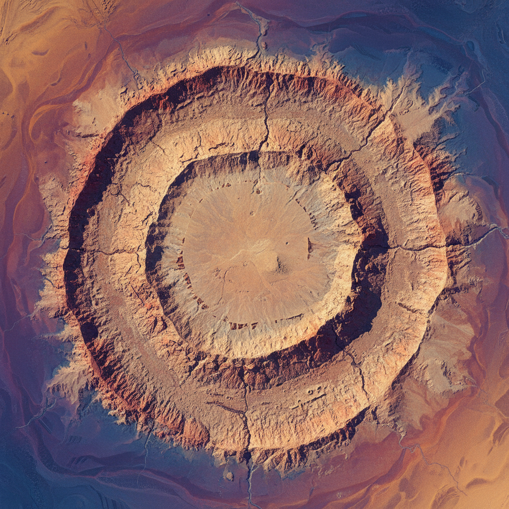 An aerial view illustration of the Richat Structure in the Sahara Desert, distinctive circular geological formation, sandy and rocky textures, high contrast, colored background, no text