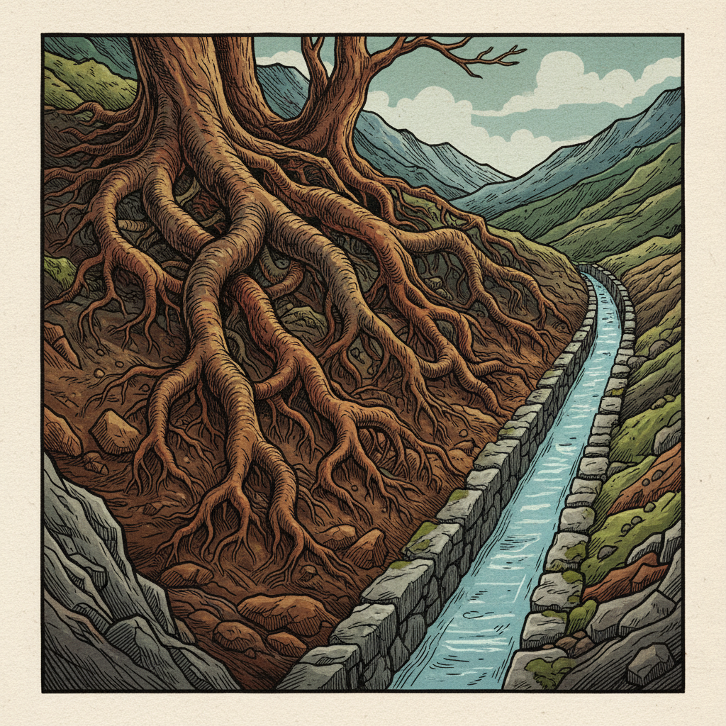 An illustration showing strong tree roots holding soil firmly on a mountain slope next to a well-maintained drainage ditch, conveying prevention, artistic rendering, textured background, no text.