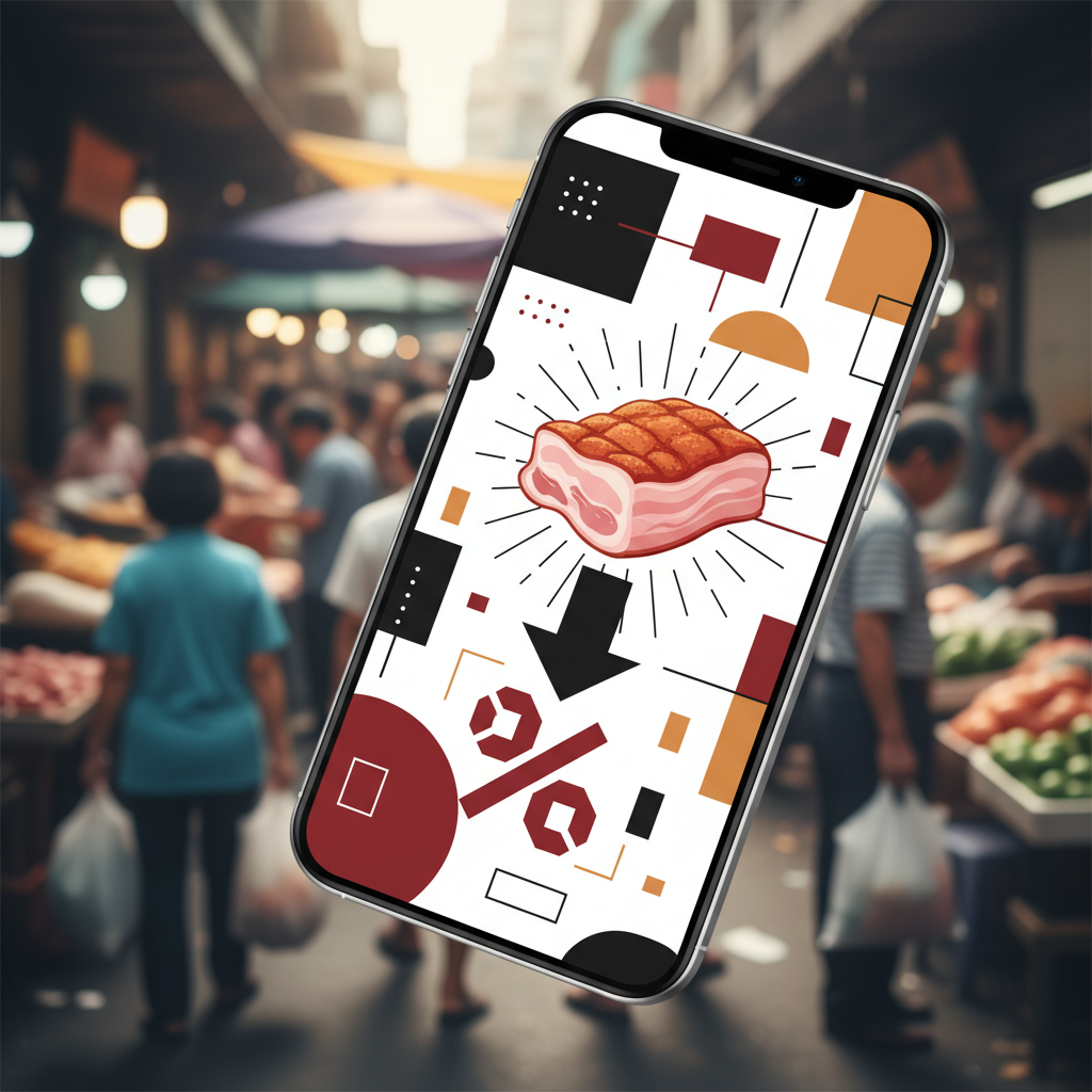 A smartphone screen displaying a sale banner for pork belly, with a blurred background of a bustling market, clean infographic, modern layout, high contrast, no text