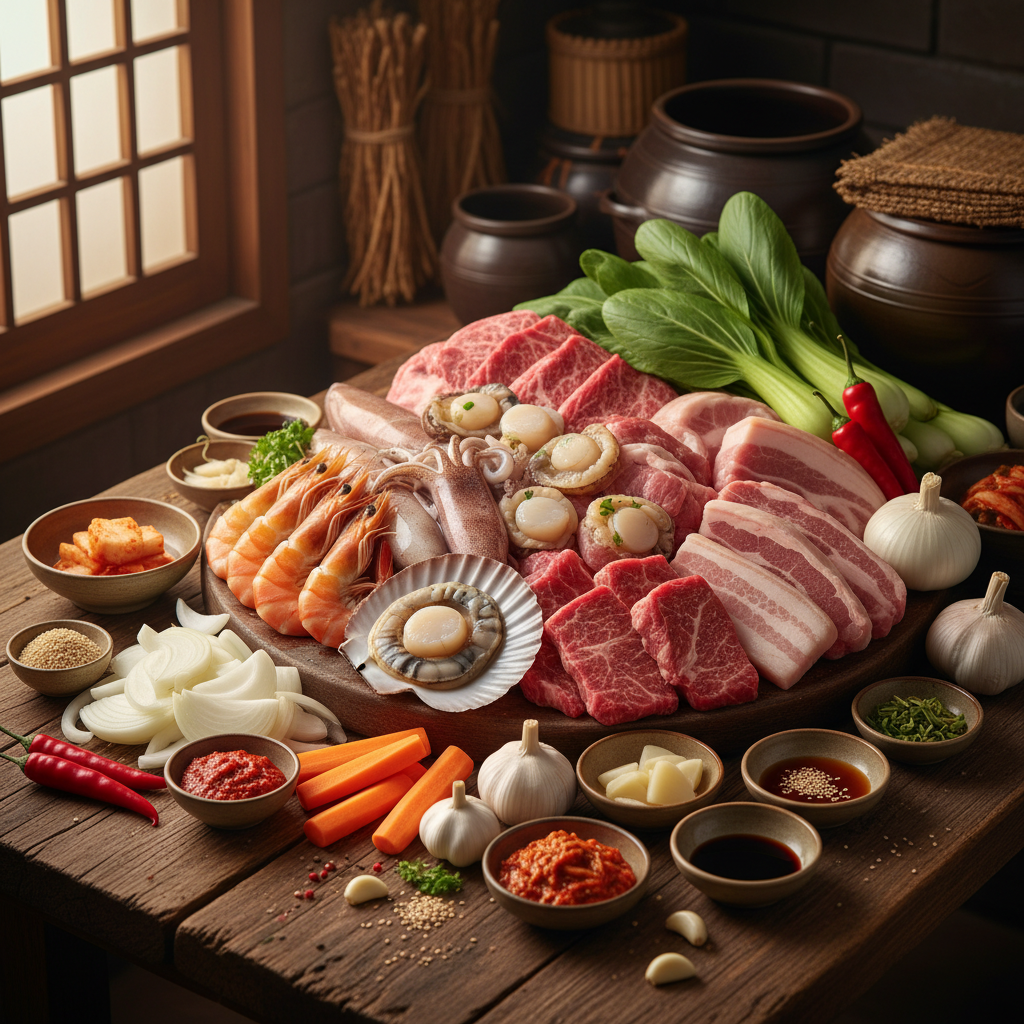 A vibrant still life scene of various fresh ingredients beautifully arranged on a wooden table, including colorful seafood like shrimp and squid, various cuts of pork and beef, and fresh vegetables like onions, carrots, and bok choy. The composition is rich and inviting, with warm, balanced lighting and a textured background. No text, centered focus, Korean setting.