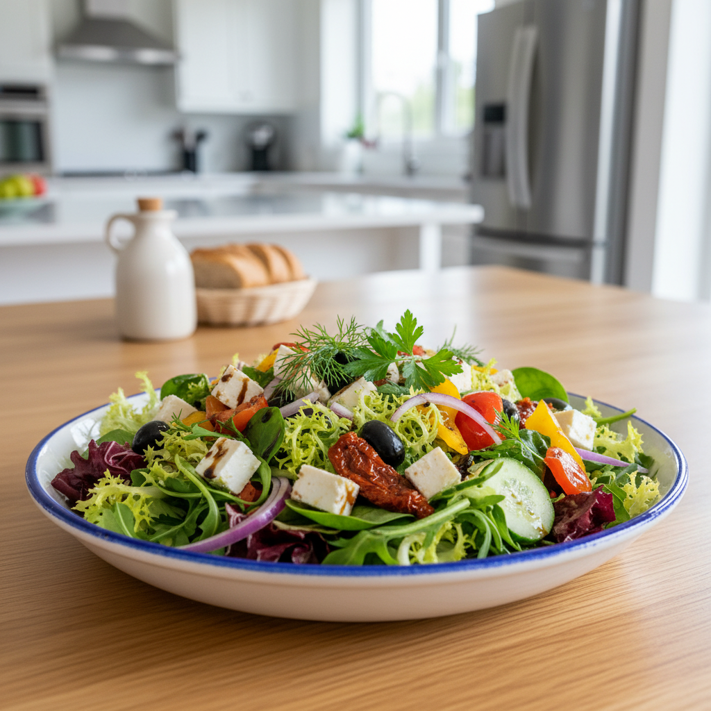 A delicious and vibrant European salad bowl with various fresh lettuce, clean and modern kitchen setting, lifestyle photography, wooden table background, no text