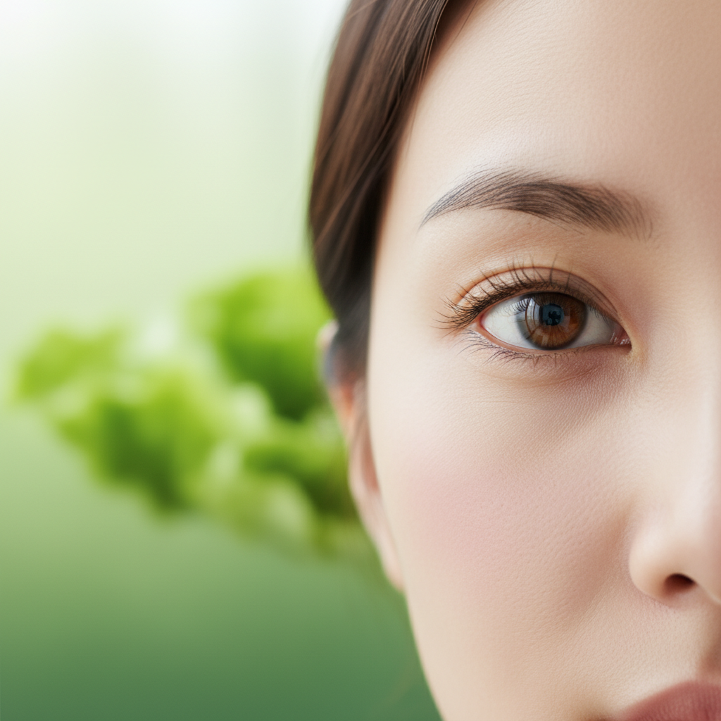 A close-up of a Korean person's healthy eyes with subtle hints of fresh lettuce in the background, bright natural lighting, gradient green background, no text