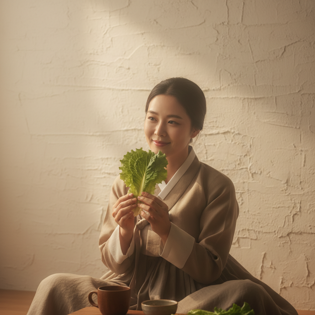 A serene Korean woman enjoying a peaceful evening, holding a fresh lettuce leaf, warm indoor lighting, soft focus, textured wall background, no text