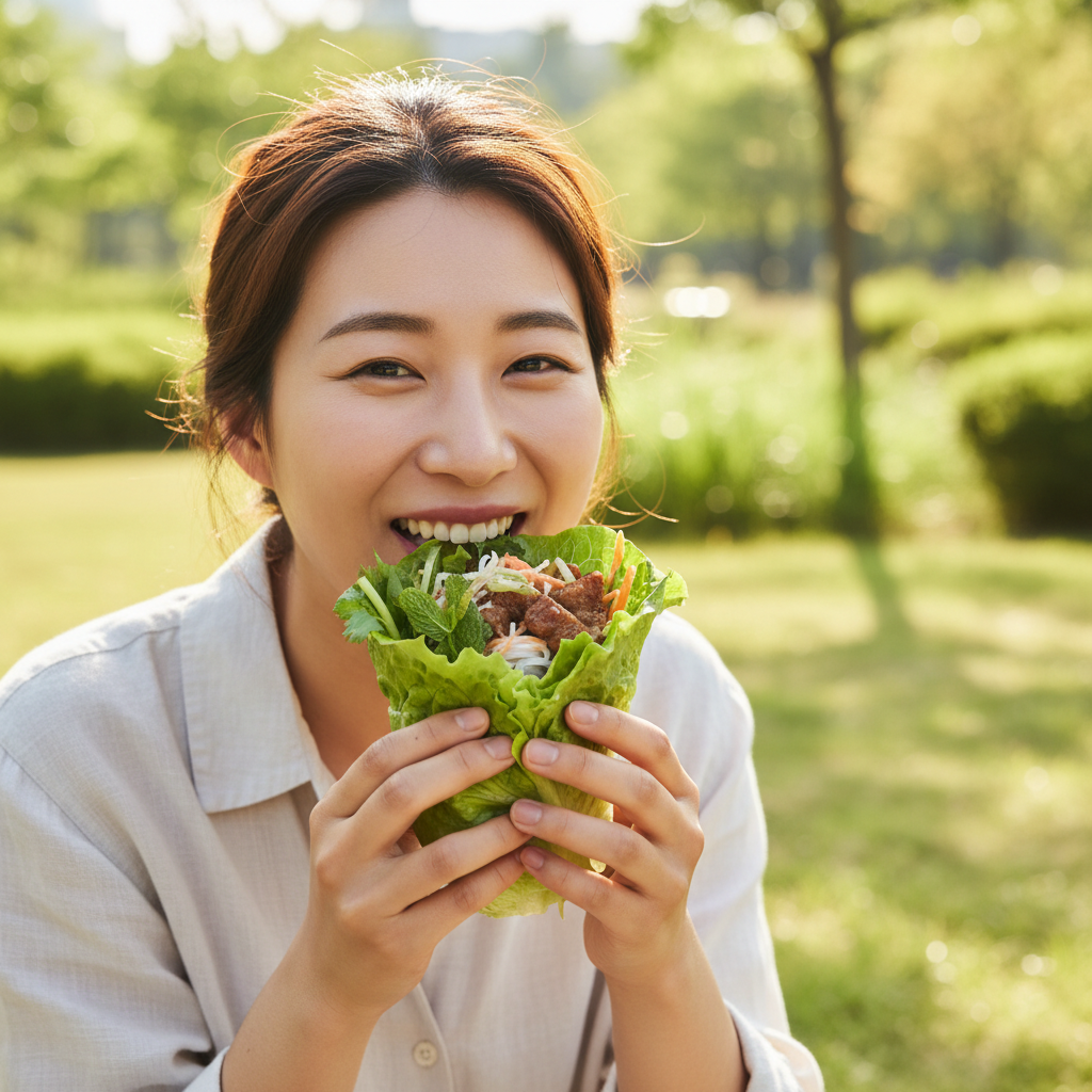 A energetic Korean person smiling and eating a fresh lettuce wrap, outdoor park setting, bright sunny lighting, natural green background, no text