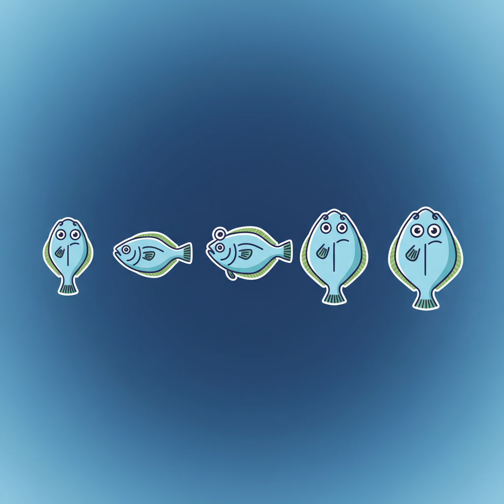 An illustrative infographic showing the developmental stages of a baby flounder, with one eye gradually migrating to the other side of its head, clean modern layout, high contrast, blue gradient background, no text.