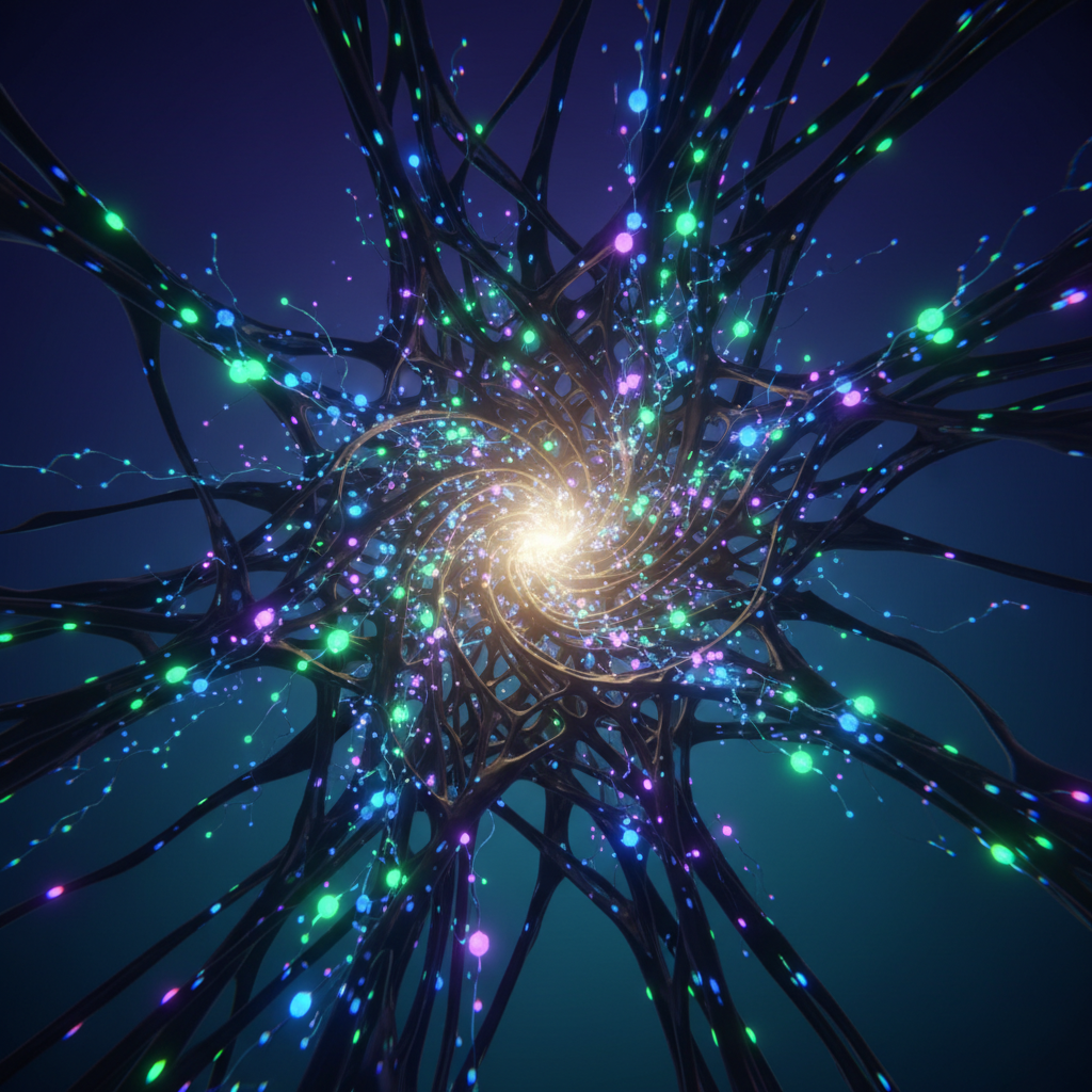 An abstract, artistic rendering of the bioluminescence process, showing glowing molecules and a chemical reaction creating light within a dark, intricate structure. High contrast, gradient background, no text