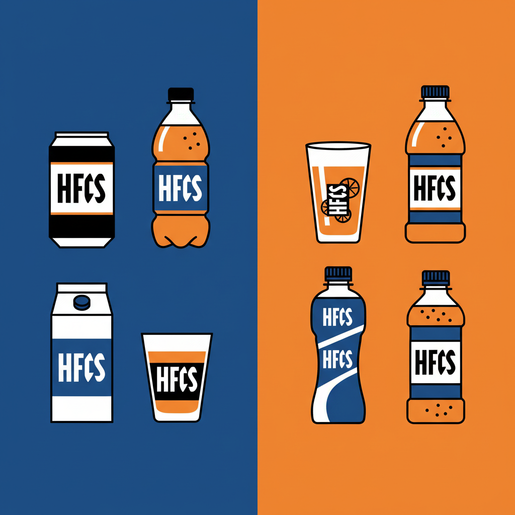 A clean infographic showing various sugary drinks like soda and fruit juice with high fructose labels, modern layout, high contrast, colored background, aspect ratio 1:1, no text