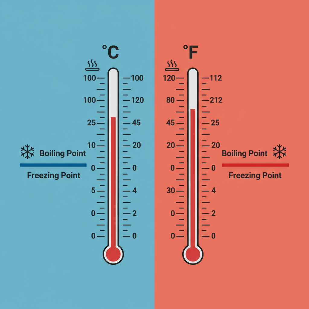 Two thermometers, one showing Celsius (0-100), the other Fahrenheit (32-212), with clear markers for freezing and boiling points of water. Infographic style, clean layout, modern design, high contrast, colored background, no text