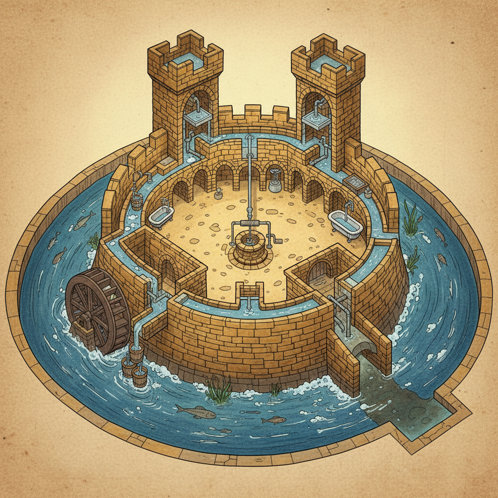 Illustration of a castle's internal water supply system connected to a surrounding moat, showing water being drawn and drainage, artistic rendering, textured background, bright lighting, centered focus, no text.