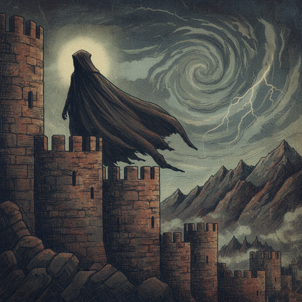 An illustration of a mysterious figure in a cape walking on top of a castle, historical, dark fantasy, textured background, no text