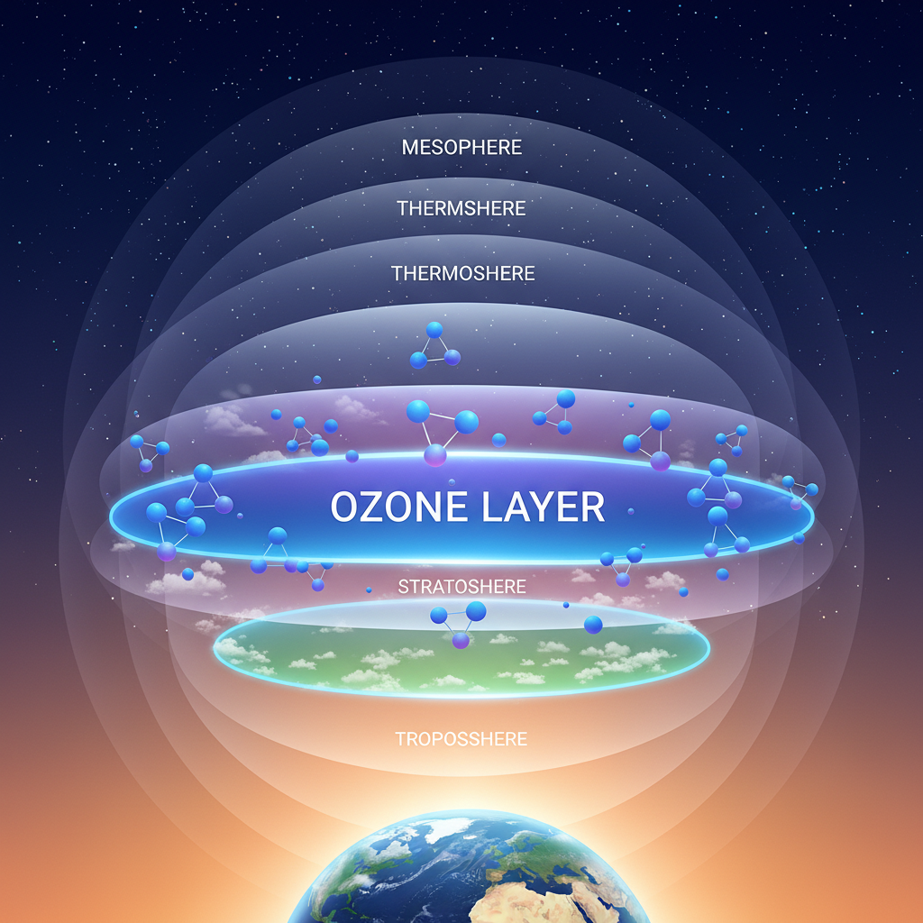 A clean infographic showing the Earth's atmosphere with a distinct layer labeled "Ozone Layer" in the stratosphere. Illustrates O3 molecules concentrated within this layer. Modern layout, gradient background, no text.