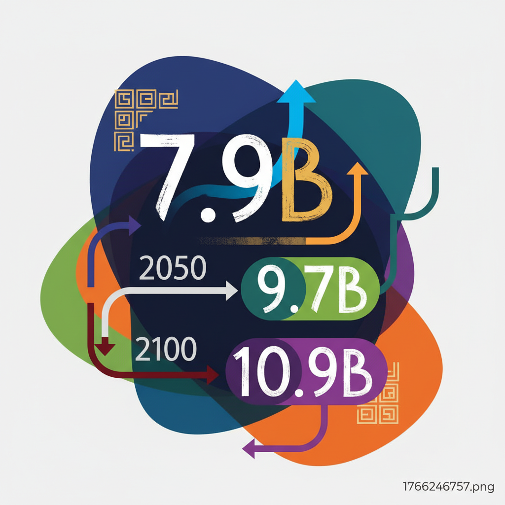 clean infographic, modern layout, high contrast, global population statistics with stylized numbers and arrows, colored background, no visible text, Korean appearance