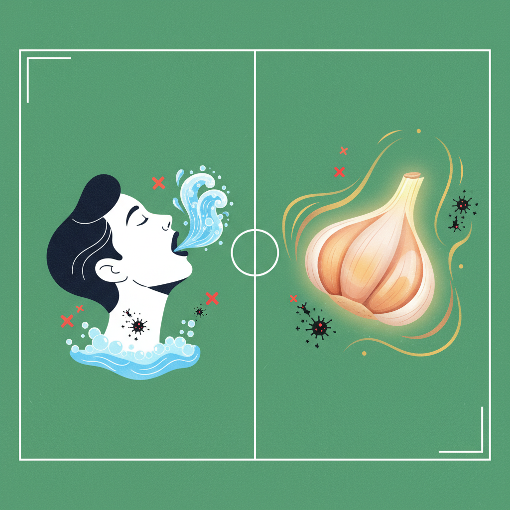 A clean infographic showing two methods side-by-side: a person gargling with salt water and a clove of garlic with illustrative effects of germ-killing, modern layout, high contrast, textured green background, no text