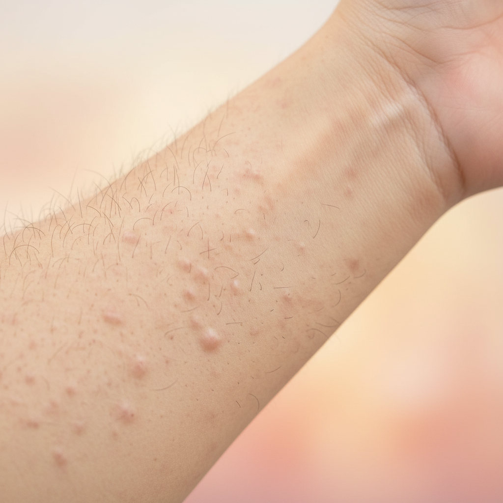 A close-up of a Korean person's arm with visible goosebumps, showing the tiny hairs standing erect and subtle skin texture. The background is a soft, warm gradient, focused on the arm, no text.