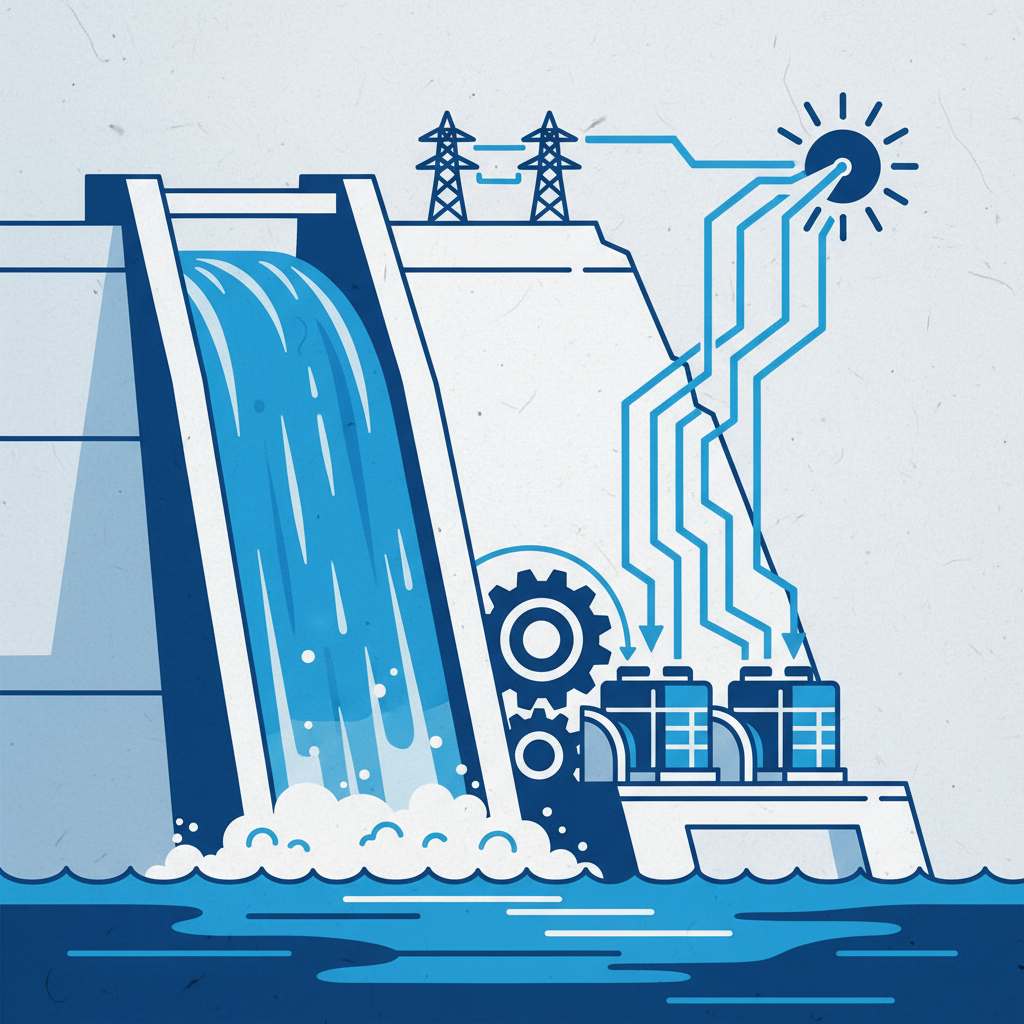 An illustration of a powerful waterfall leading to a hydroelectric dam, showing energy generation, clean infographic style, modern layout, high contrast, blue and white color scheme, textured background, no text