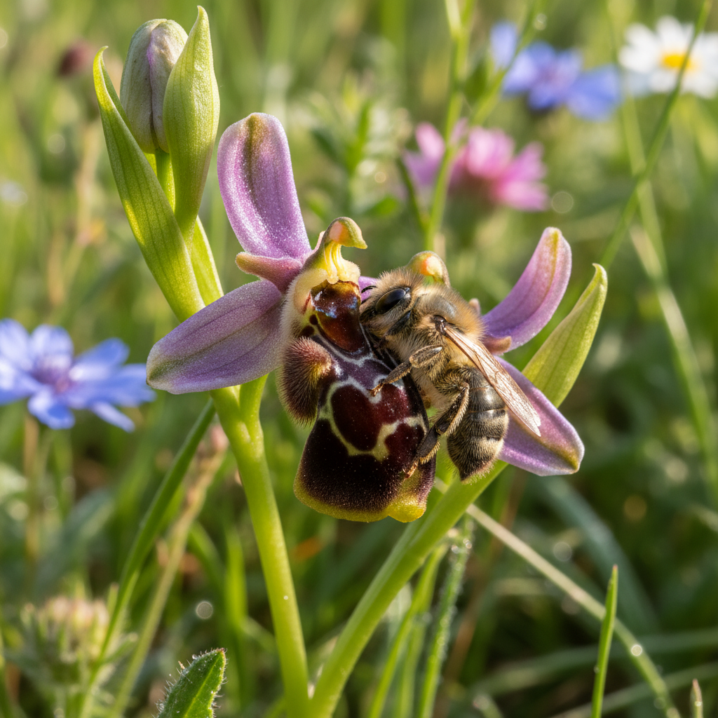 A detailed, dynamic close-up of a male bee attempting to mate with an Ophrys apifera (bee orchid) flower, mistaking it for a female bee. The flower's intricate bee-like pattern is clearly visible. The setting is a vibrant, sun-dappled meadow with other blurred wildflowers in the background. Lifestyle photography, natural light, no text