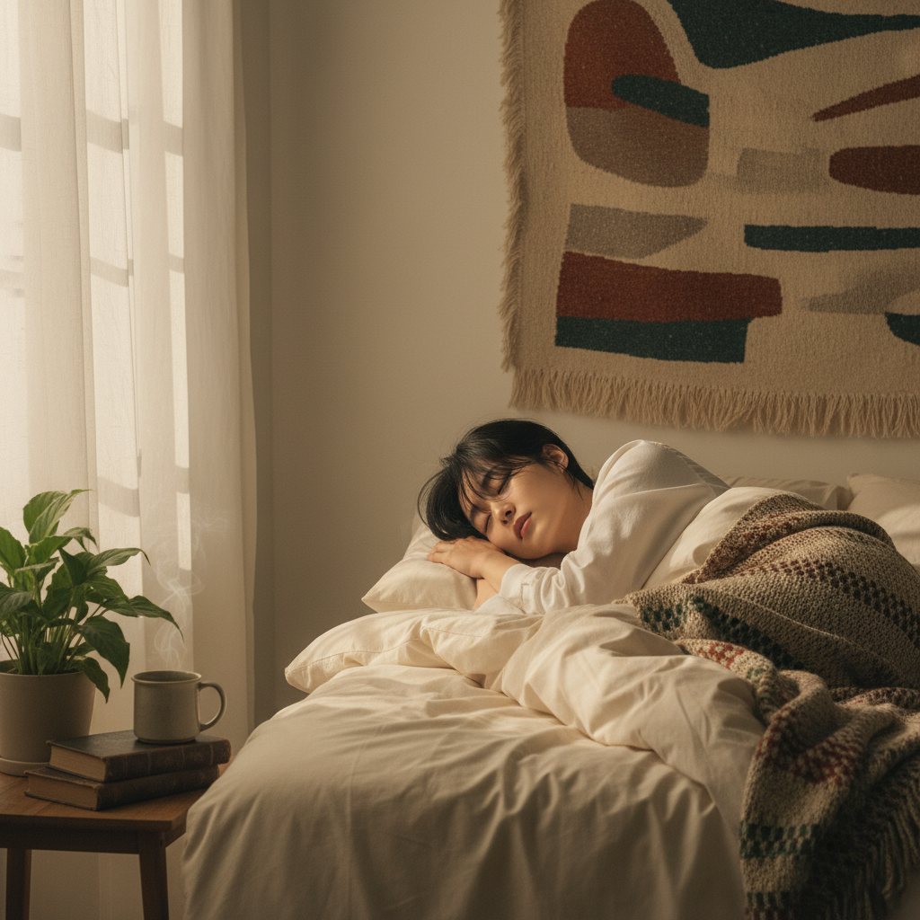 A serene Korean person sleeping peacefully in a cozy, warm bedroom, soft lighting, textured background, natural setting, no text