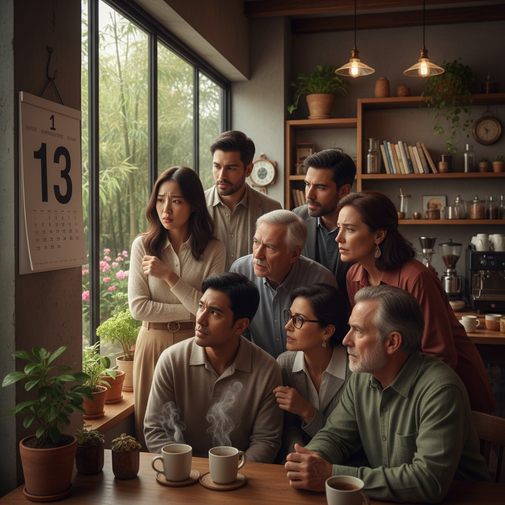 A group of diverse people looking at a calendar with a large number 13, some with slight apprehension, others with curiosity. The scene is set in a cozy modern cafe, warm lighting, natural setting, Korean appearance, no text