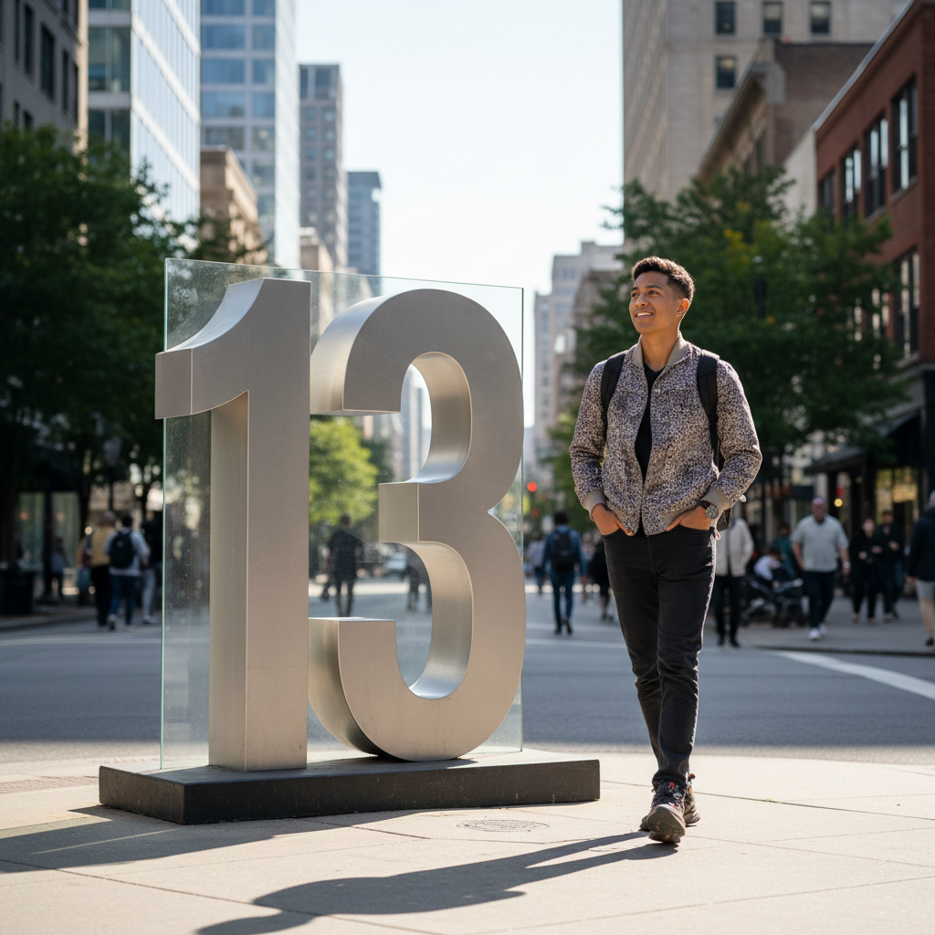 A person confidently walking past a '13' sign with a determined and positive expression, symbolizing overcoming superstition. Lifestyle photography, bright lighting, urban background, no text
